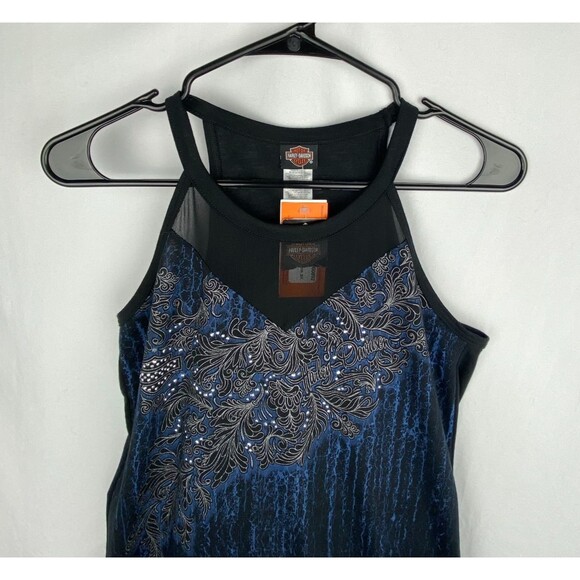 NWT Harley Davidson Tank Top Womens XS Black Blue Meshed Up Graphic Bling Mesh - Picture 2 of 11